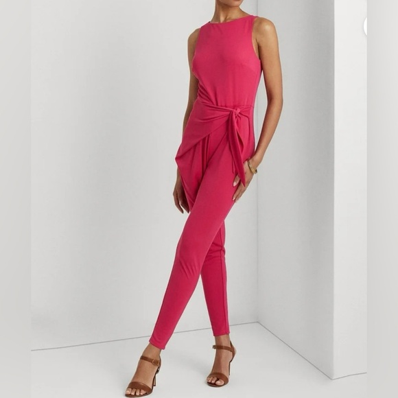 NWT Lauren Ralph Lauren Pink Zippered Self Tie Waist Sleeveless Jumpsuit Size 0 - Picture 2 of 13